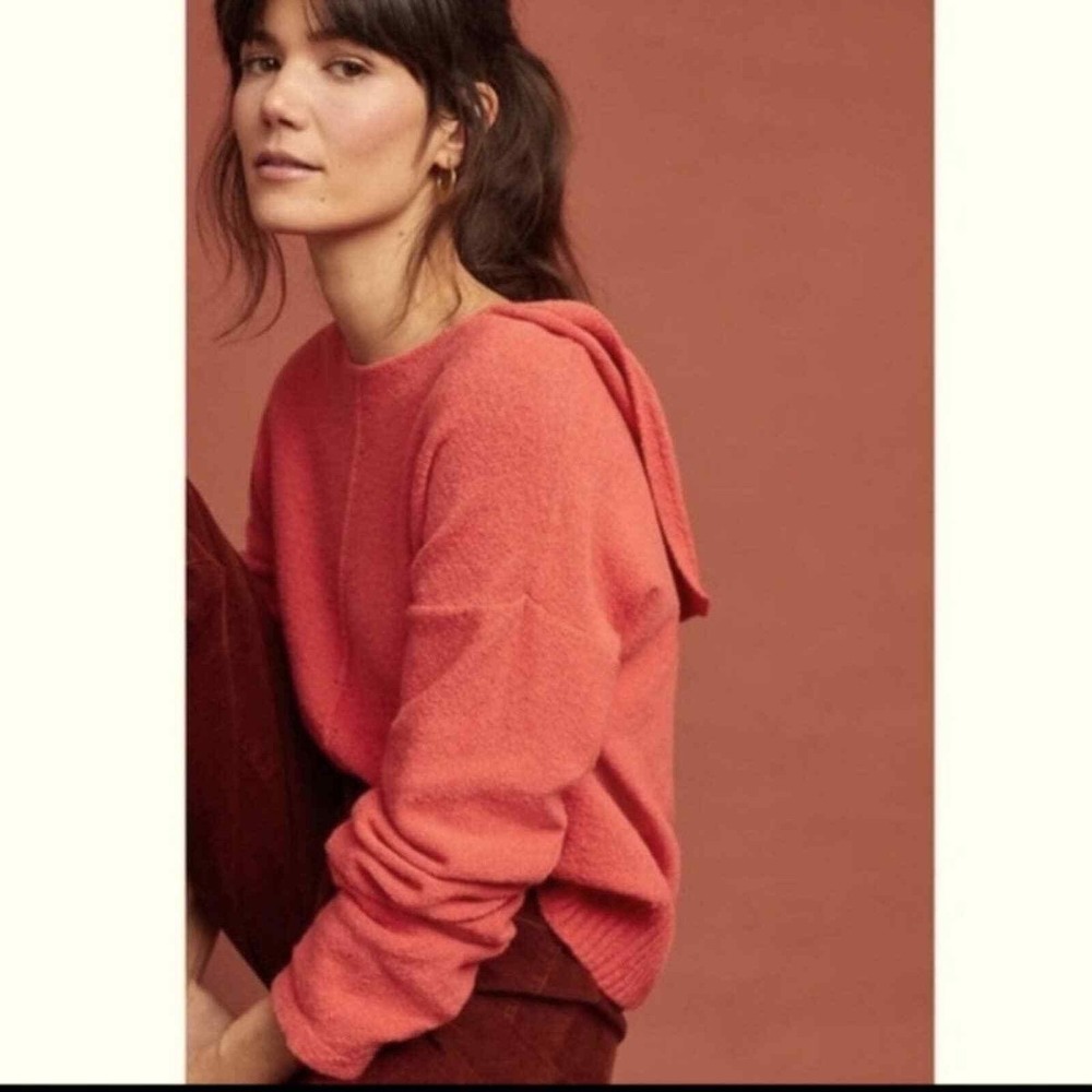 Moth Anthropologie Knit Hoodie Sweater Coral Orange Pointelle Cotton Blend L - Picture 1 of 7